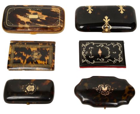 A group of six tortoiseshell and pique boxeslate 19th/early 20th centurythe first a blond tortoiseshell cigar case with some 