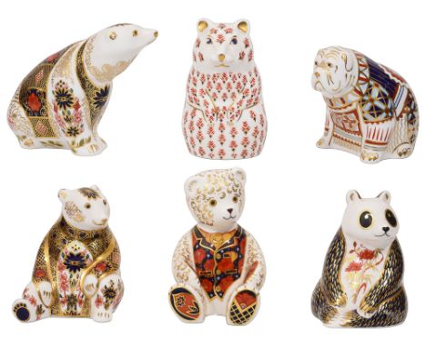 A collection of six second Edition Royal Crown Derby paperweightsincluding a Panda, a seated Polar Bear, a Polar Bear, a smal