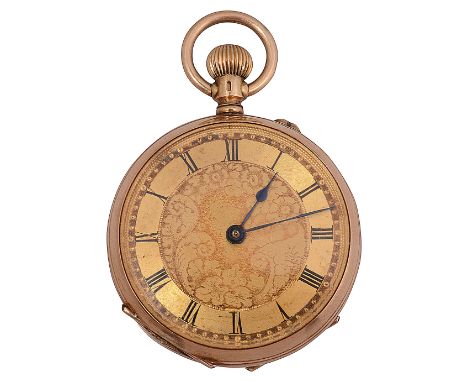 A late 19th century Swiss 14K lady's keyless open faced pocket watchgilt engine turned dial with black Roman numerals and fol