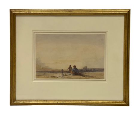 Henry Bright (British, 1810-1873)'A Coastal Scene with two Boys', watercolour and pencil, mounted and framedwithin mount 17 x