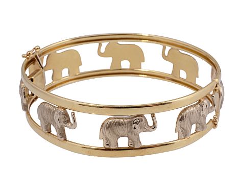 A two coloured hinged elephant bangle marked by push clasp '585' approx weight 18.4g, approx diameter 6cm Condition:In good o