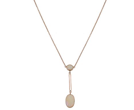 An Edwardian white opal drop pendant on chain the central oval collet-set opal to the smaller similarly-set opal surmount, an