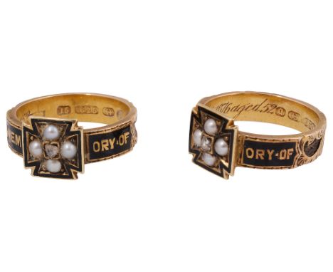 A pair of 15ct yellow gold and black enamel mourning rings each with a central patée formée set with four half pearls and a d