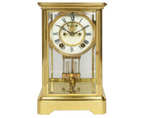 An early 20th century Ansonia lacquered brass four glass mantle clock 4" cream chapter ring with black Roman numerals and vis