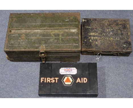Four British Army military boxes, Victorian officers wooden trunk, WWII armoured fighting vehicle and tanks first aid kit, Co