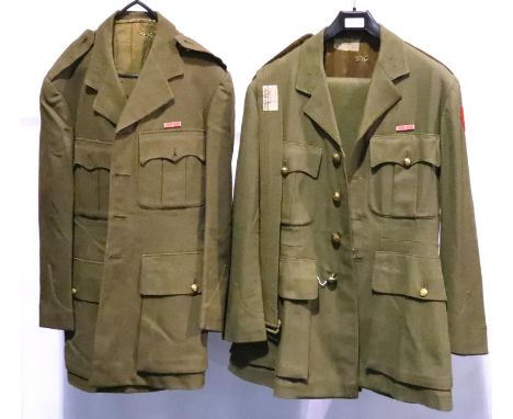 Two tailored British WWII uniform tunics with one pair of trousers, previously of J E Chapman MBE North Staffordshire regimen