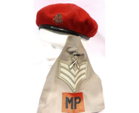 British Military Police embroidered red beret with sergeants armband (2). P&amp;P Group 1 (£14+VAT for the first lot and £1+V