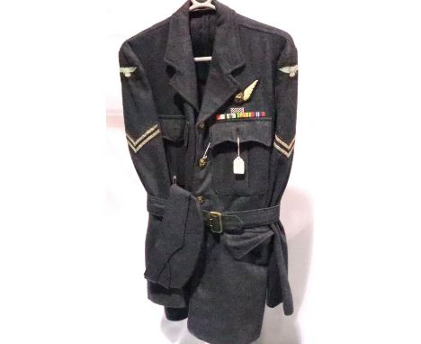 WWII RAF Air Gunners tunic, 1945 dated with forage cap, medal ribbons: 1939-45 star, Air Crew Europe with rosette, Defence me