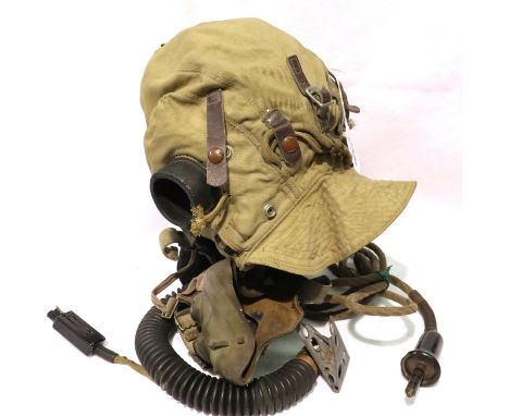 British WWII Fighter Pilots Tropical issue flying helmet and oxygen mask, with American-made microphone. P&amp;P Group 2 (£18