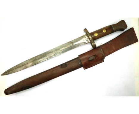 Victorian Boer War Lee Metford bayonet with leather scabbard and frog, ricasso marked WD with broad arrow, by Wilkinson Londo