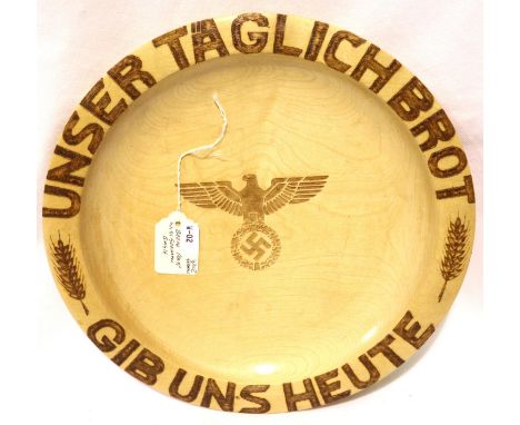 German pokerwork turned wood bread platter, D: 30 cm. P&amp;P Group 2 (£18+VAT for the first lot and £3+VAT for subsequent lo