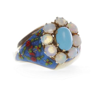 TURQUOISE, ENAMEL AND OPAL DRESS RINGthe oval cluster set with a central turquoise surrounded by round opals, on enamelled sh