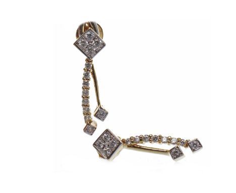 PAIR OF EIGHTEEN CARAT GOLD CZ DROP EARRINGSeach set with four round gems to the post with a further row of suspended gems an