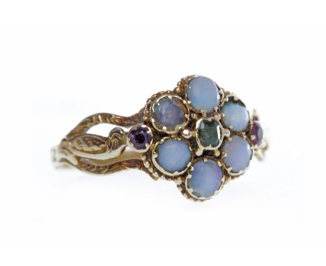 FIFTEEN CARAT GOLD OPAL AND GEM SET RINGthe floral cluster bezel set with a central green gem surrounded by opals, on trifurc