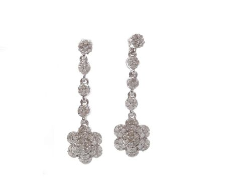 PAIR OF DIAMOND DROP FLORAL CLUSTER EARRINGSthe cluster set with round brilliant cut diamonds totalling approximately 0.36 ca