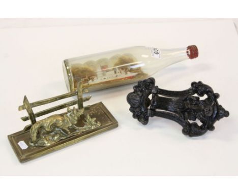 Brass Fox and Fence Letter Rack, Kendrick &amp; Sons Cast Iron Door Knocker and a Ship in Bottle