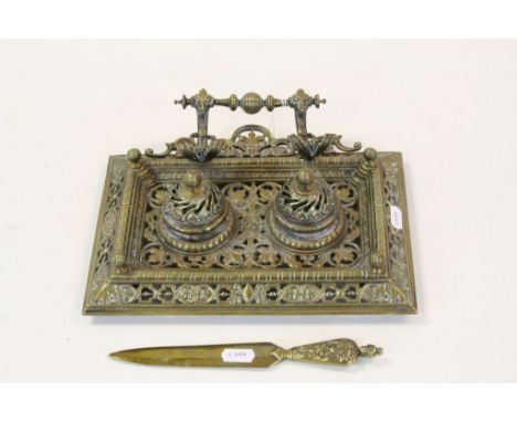 19th Century Brass Ink stand with pierced decoration &amp; twin Inkwells each with hinged lid and Ceramic liners, stand appro