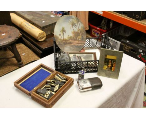 Carved Indian Box with Bone and Ebony Dominoes, Various Photograph Frames, James Dixon Glass Leather Covered Hip Flask with S