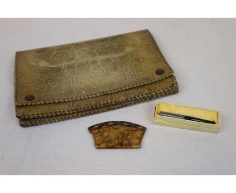 1930's Leather clutch Bag, deco plastic Comb &amp; a boxed Hallmarked Silver &amp; black plastic Cigarette holder