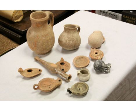 Collection of Five Roman Terracotta / Clay Oil Lamps and Four Roman Terracotta Handled Pots / Jug ( tallest 19cms high ) plus