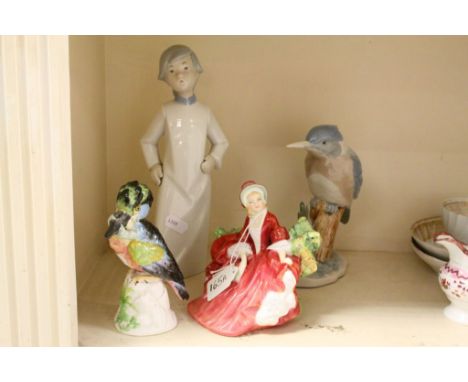 Royal Doulton figurine Lydia HN1908, a Copeland "Kookaburra", another ceramic bird &amp; a Spanish figurine