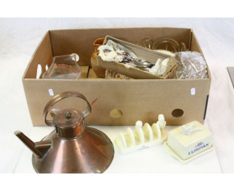 Mixed collectables to include Cut Glass bowls, Copper Kettle, Silver plated Spoons, Lurpak ceramic Butter dish &amp; Toast ra