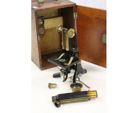Wooden cased vintage Microscope by "C Baker" with focal &amp; magnifying Lenses etc, case approx 28 x 19 x 17cm