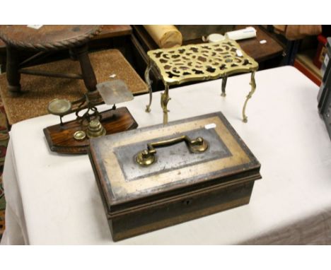 Set of Late 19th / Early 20th century Postal Scales and Weights, Victorian Metal Cash Tin and a Brass Pierced Trivet