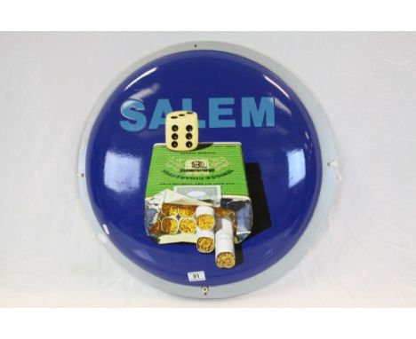 Vintage button type Enamel Advertising Sign "Salem Cigarettes" with silver painted wooden backing, Sign approx 53cm diameter