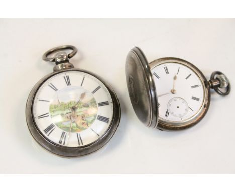 Two vintage Hallmarked Silver Pocket watches, the first a top wind Full Hunter, approx 48mm diameter, with Enamel dial &amp; 