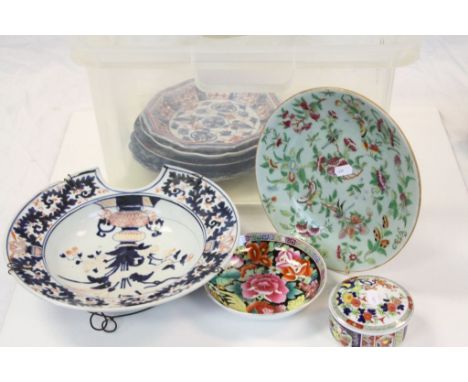 Box of mixed vintage Oriental ceramics to include a Polychrome Celadon plate with Enamel Butterfly &amp; Bird decoration