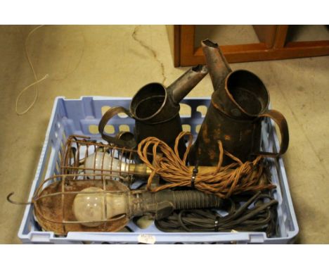 Collection of vintage oil cans and mechanics inspection lights etc 