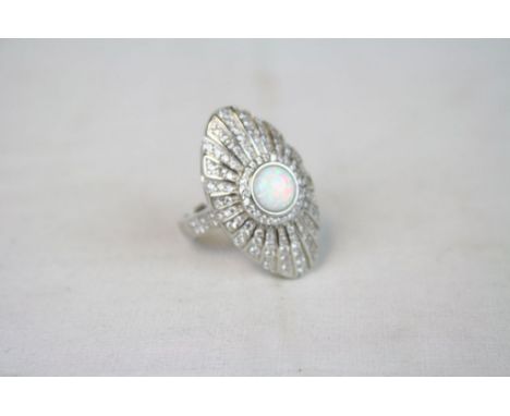 Silver Art Deco style ring set with CZ and central opal 