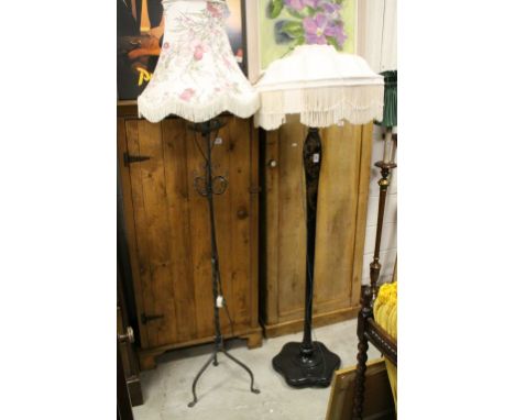 Early 20th century Black Lacquered Standard Lamp with Oriental Gold Painted Decoration together with a Shade, approx. 170cms 