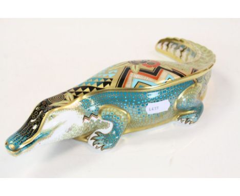 Royal Crown Derby ceramic "Alligator" Paperweight, approx 26cm long with silver stopper