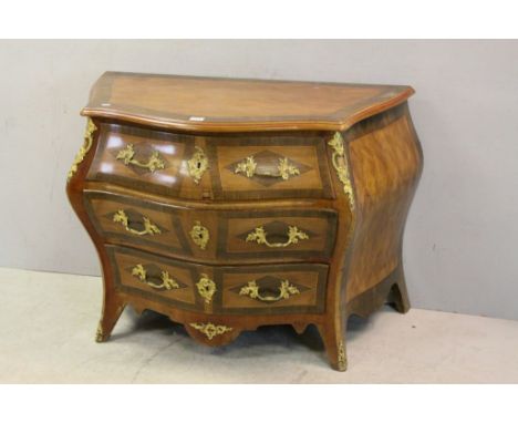 Continental Walnut Inlaid Bombe Commode with Serpentine Front, Three Long Drawers and Gilt Metal Handles and Mounts 105cms wi