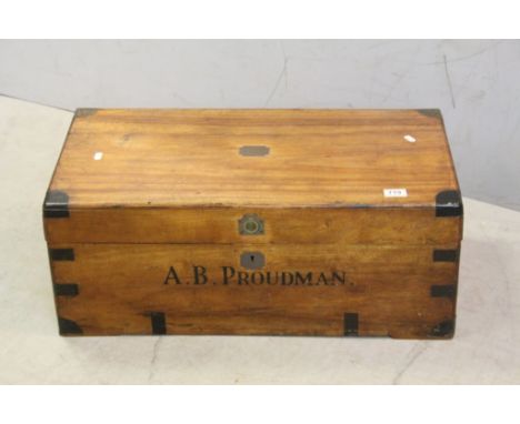 Camphor Wood Brass Bound Travelling Chest / Trunk with recessed handle to front and label to interior ' Ye Fung Aling, Canton