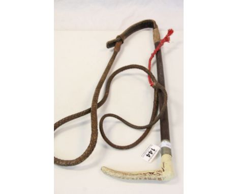 Vintage Hunting Whip with faux Antler metal grip &amp; plaited Leather Whip, total length approx 215cm