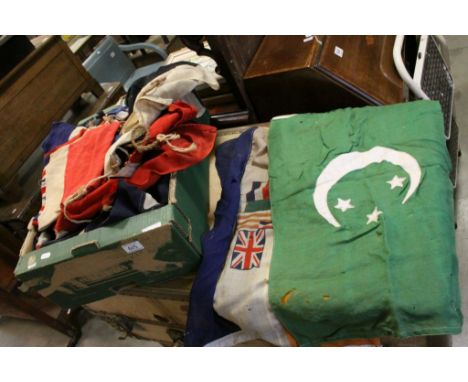 Large Collection of Vintage Fabric Flags including Union Jacks