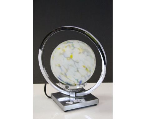 Chrome Art Deco Lamp with coloured Bulbous Glass shade in  a Planet design, approx 28cm tall