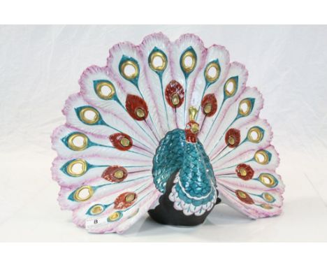 Large Italian hand painted Ceramic model of a Peacock, approx 48cm across the tail