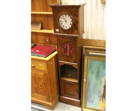 Oak Cased Grandmother Clock, the trunk cut out with' W B ' above a shelf and a cupboard, 150cms 