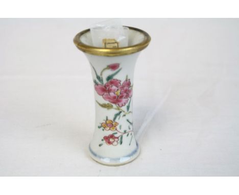 Small Chinese ceramic Bud Vase with Gilt metal rim &amp; Floral decoration, with loose label stating "Period of Emperor Yung 