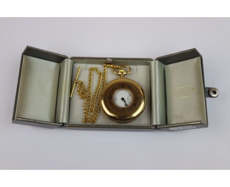 9CT gold rotary half hunter pocket watch with yellow metal Albert chain in original box and guarantee 