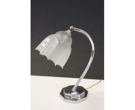 Chrome Art Deco Lamp with adjustable Fluted Glass shade, stands approx 34cm