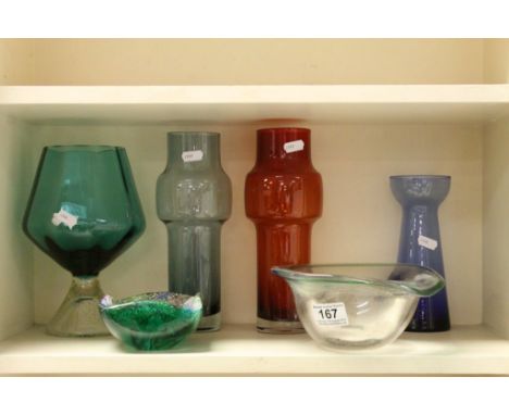 Four vintage Studio Glass vases &amp; two bowls to include Scandinavian style
