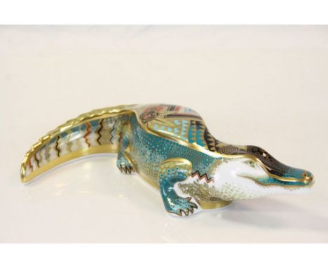 Royal Crown Derby "Alligator" ceramic Paperweight with silver stopper, approx 26cm long in total