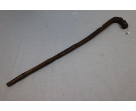 Folk Art walking stick, handle in the form of a dog with bird 