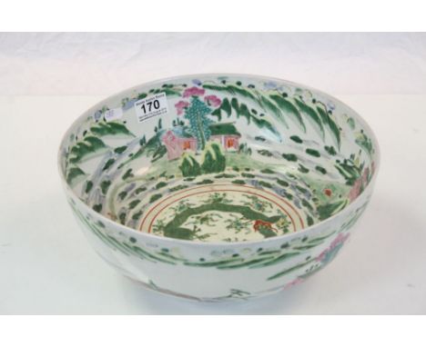 Large vintage Oriental hand painted ceramic bowl with Countryside scene and Dragon to centre, bowl approx 31cm diameter