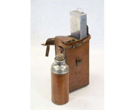 Leather cased Hunting style Picnic set, comprising Aluminium Sandwich tin and an American hot drinks Flask, case measures app